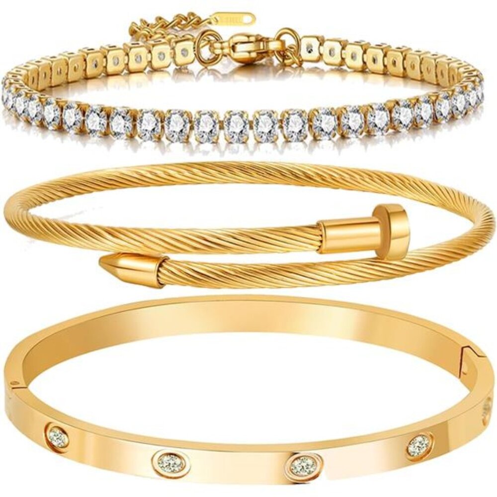 18 K Gold Plated Love Bangle Bracelet Set Flexible Wide Wristband Bangle